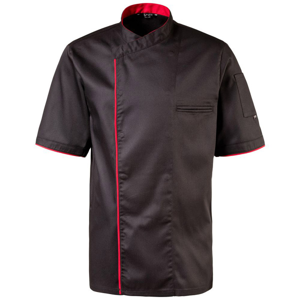 Kochjacke Modell 224 halbarm in schwarz mit Paspel in rot Gr. XS