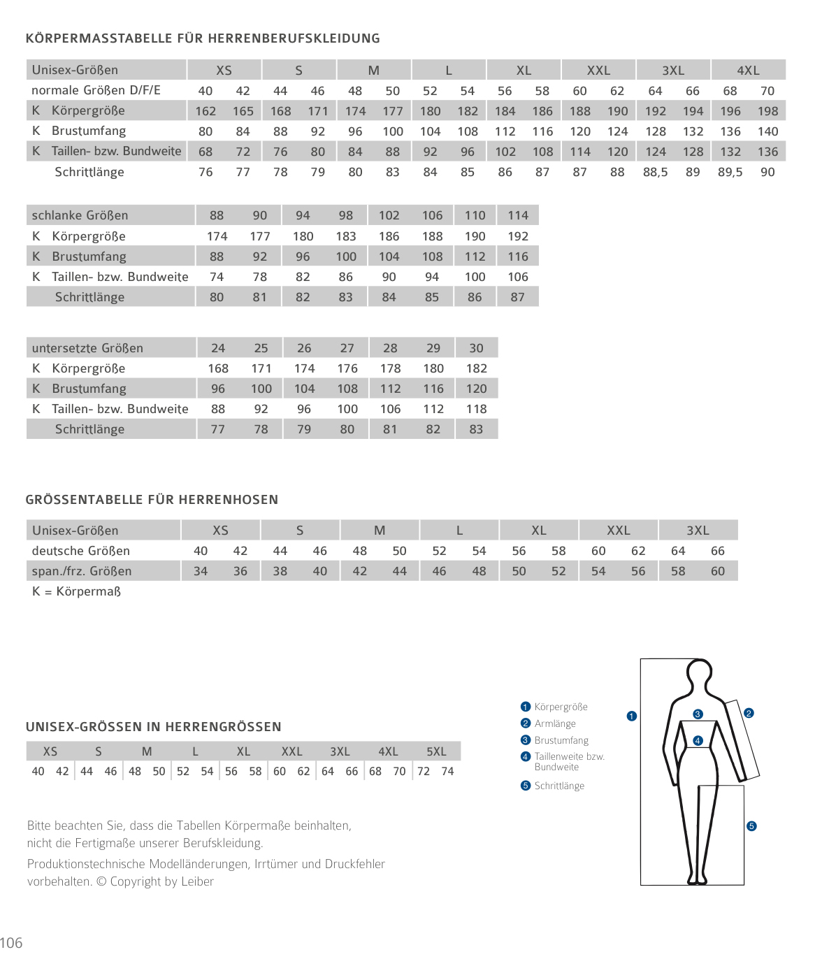 groeßentabelle berufsmode berufsbekleidung leiber